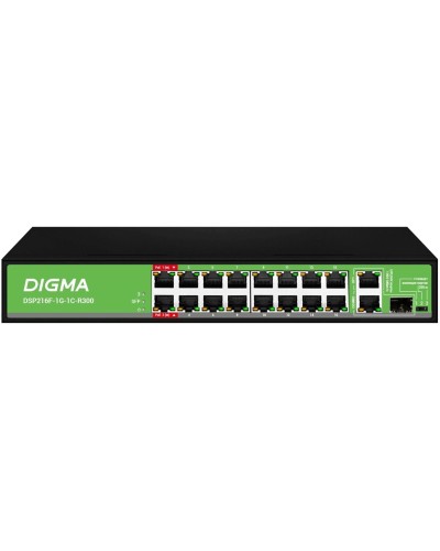 DSP216F-1G-1C-R300 (L2) 16х100Мбит/с 1х1Гбит/с 1хКомбо(1000BASE-T/SFP) 16PoE 16PoE+ 2PoE++ 300W. Коммутатор с питанием по PoE. Digma в Нижневартовске