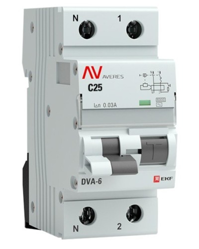 DVA-6 1P+N 25А (C) 30мА (AC) 6кА  AVERES (rcbo6-1pn-25C-30-ac-av). Автоматический выключатель дифференциального тока. EKF в Нижневартовске