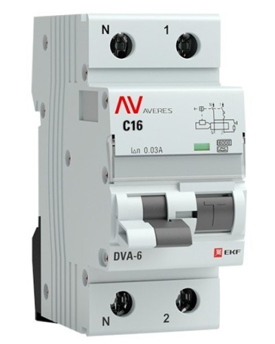 DVA-6 1P+N 16А (C) 30мА (A) 6кА  AVERES (rcbo6-1pn-16C-30-a-av). Автоматический выключатель дифференциального тока. EKF в Нижневартовске