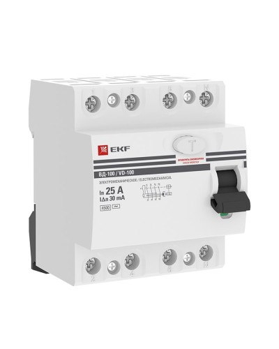 УЗО ВД-100 4P 25А 30мА тип AC эл-мех  PROxima (elcb-4-25-30-em-pro). Выключатель дифференциального тока (УЗО). EKF в Нижневартовске