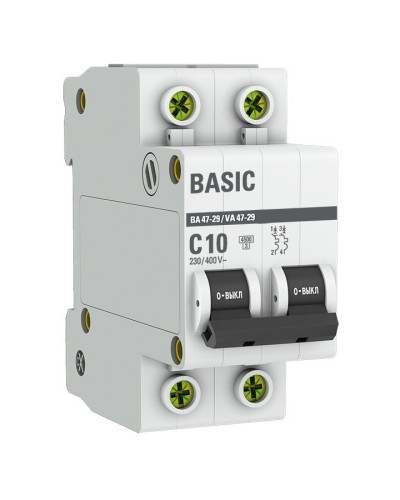 Автоматический выключатель 2P 10А (C) 4,5кА ВА 47-29 Basic (mcb4729-2-10C). Автоматический выключатель. EKF в Нижневартовске