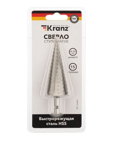 Сверло по металлу ступенчатое 4,0-32,0 мм 102 mm 62 HRC Kranz (KR-12-6603): Сверло по металлу шлифованное в Нижневартовске